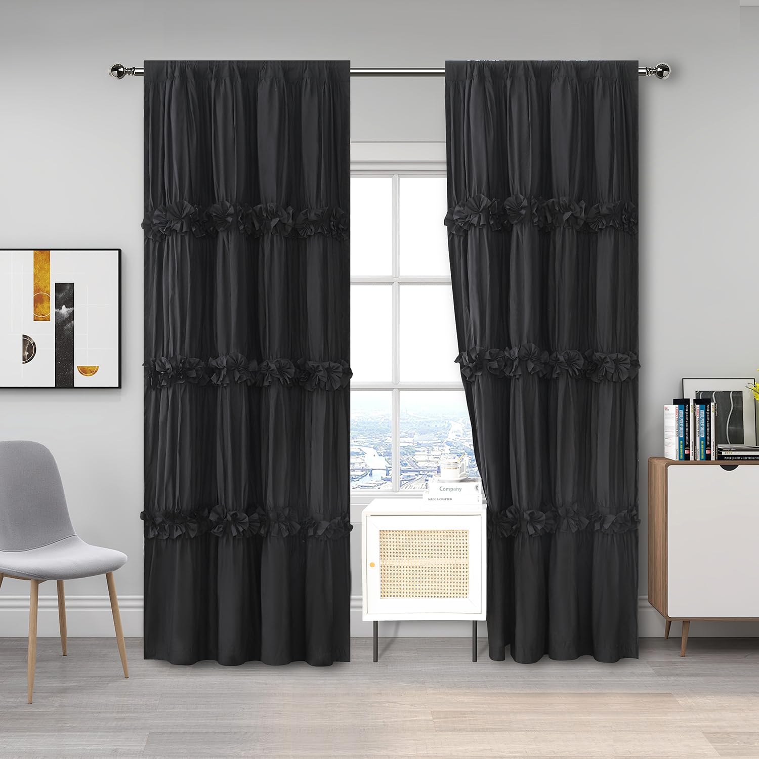 Homechoice Decor Thermal Insulated Blackout Window Curtains, 54" W x 84" L (Pair), Boho Ruched Window Treatments with 3 Rows of Butterfly Flowers, Rustic Rod Pocket Drapes for Room, Camel (LQ-30)