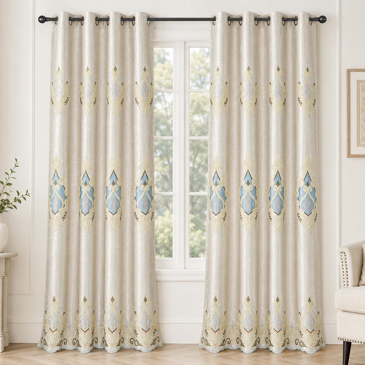VOGOL Embroidered Curtains 84 inches Long Grommet Window Treatment Voile Panel Drape for Living Room Kitchen, Two Panels, W54 x L84 inch