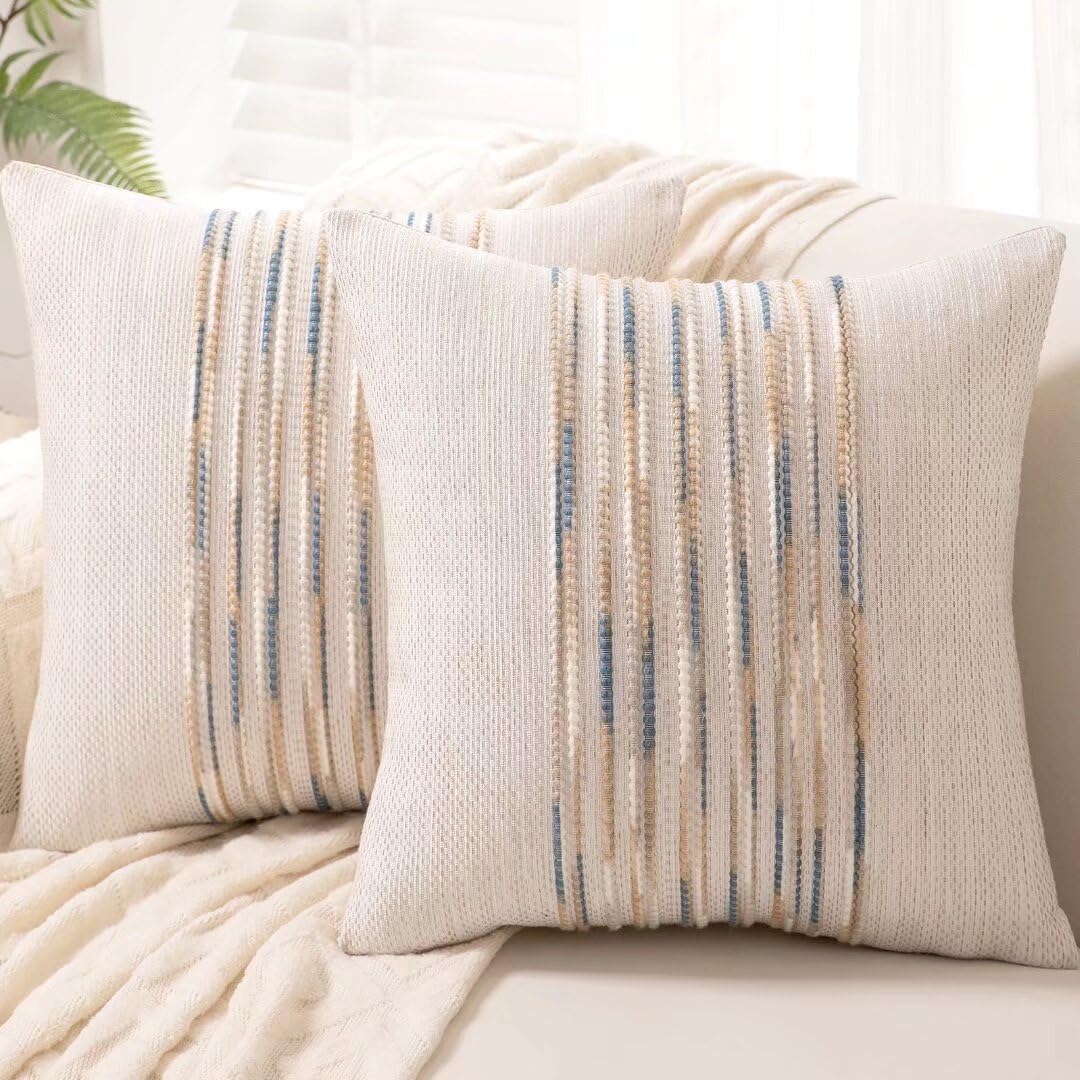 Boho Throw Pillow Covers 18x18 Set of 2 Farmhouse Decorative Cushion Case Striped Square Pillows Cover Chenille Pillow Cases Accent Neutral Pillowcase for Sofa Couch Bed,Yellow