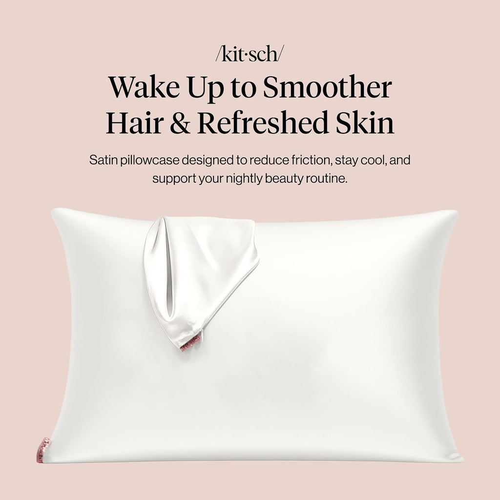 Kitsch Satin Pillowcase with Zipper for Hair & Skin - Softer Than Silk Pillow Cases, Smooth Cooling Satin Pillow Case, Wrinkle-Free, Machine Washable - Pillow Cases Standard Size (19x26), Ivory 2pcs