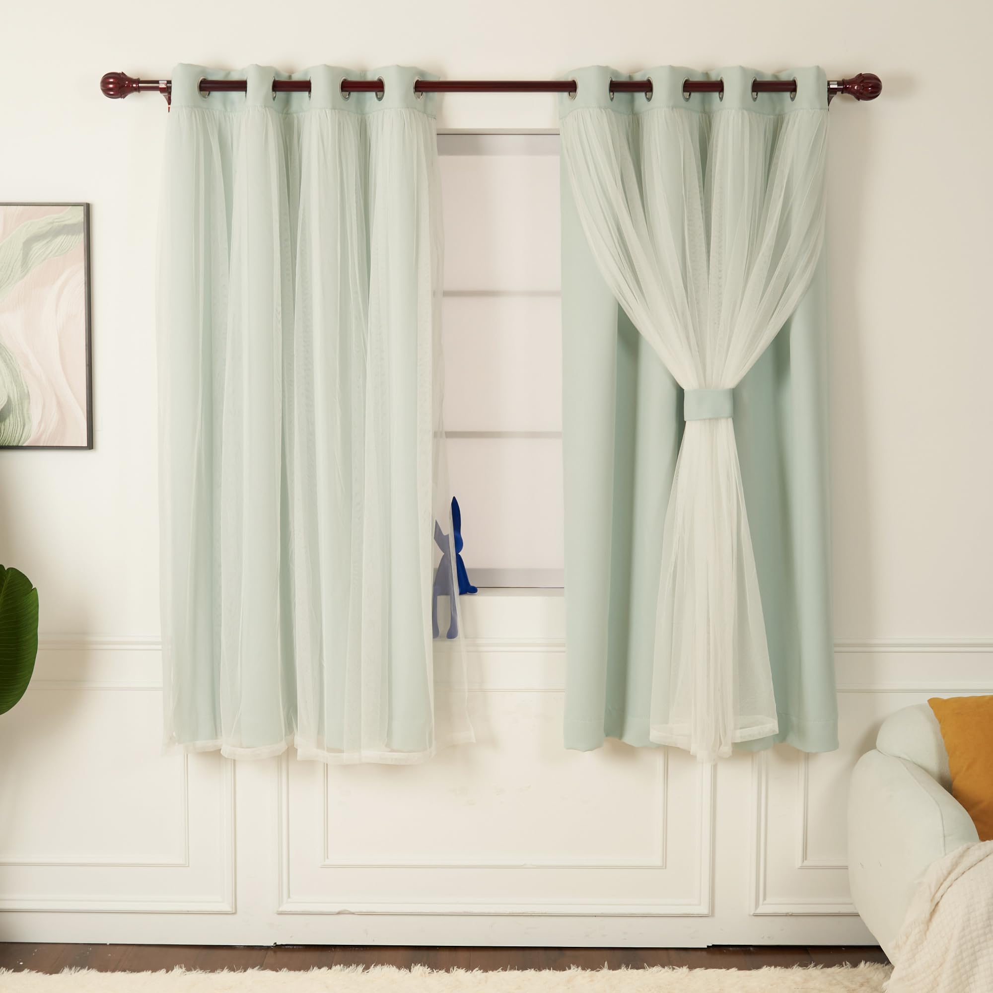 INLINAS Beige Blackout Curtains with Sheer Overlay - Grommet Top Thermal and Noise Reduction Panels for Bedroom and Living Room Light Blocking and Energy Saving, 52 x 84 Inches, Set of 2