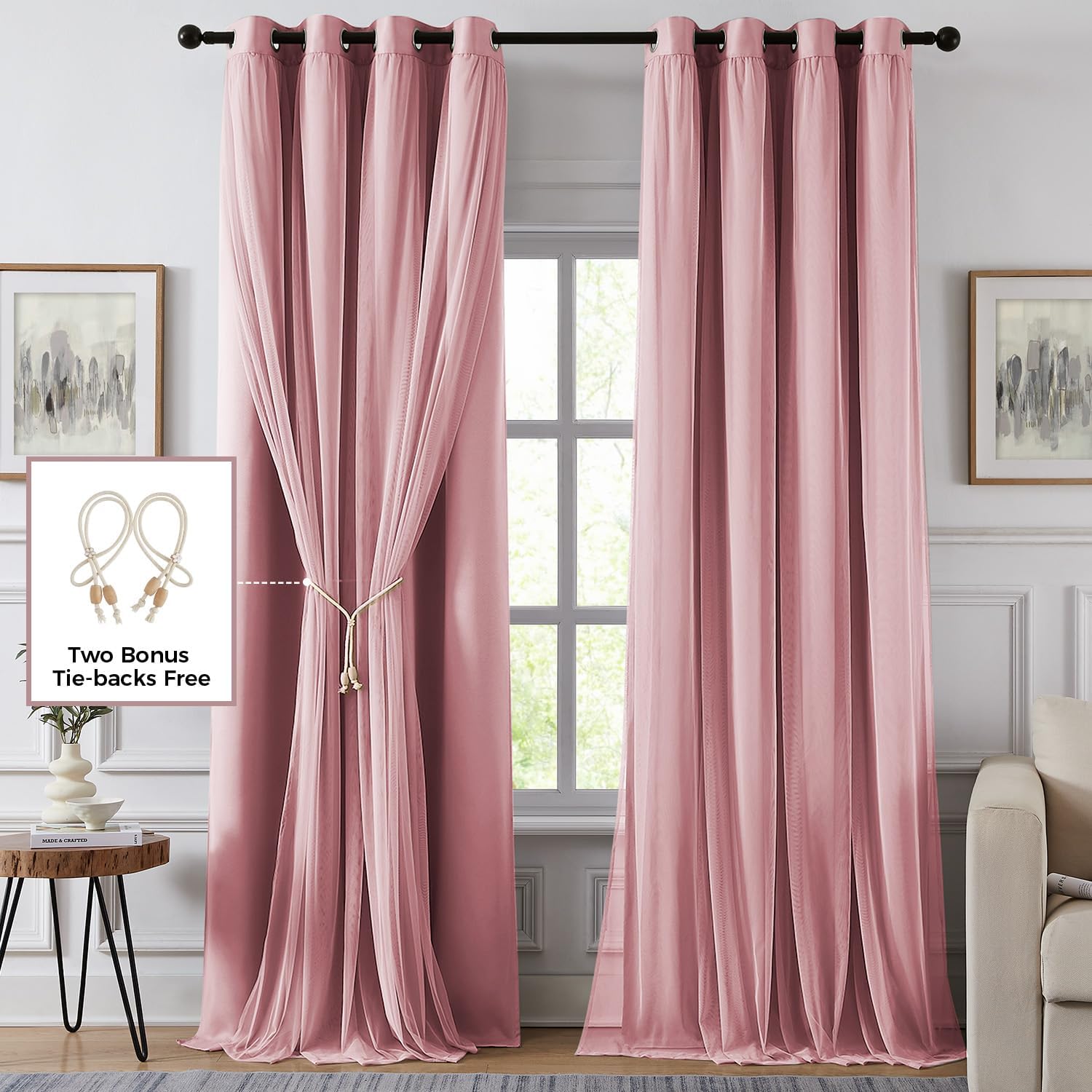 84 Inch Pink Double Layer Blackout Curtains with Sheer Overlay Grommet Window Drapes