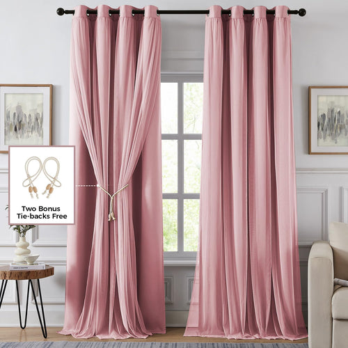 84 Inch Pink Double Layer Blackout Curtains with Sheer Overlay Grommet Window Drapes
