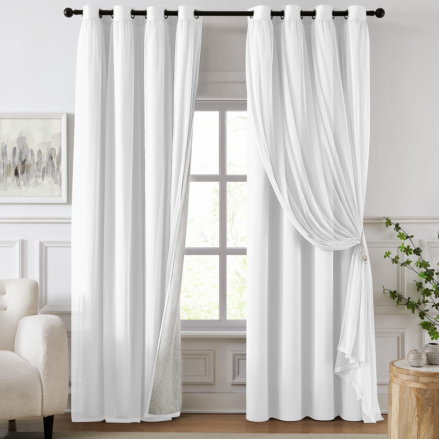 84 Inch Pink Double Layer Blackout Curtains with Sheer Overlay Grommet Window Drapes