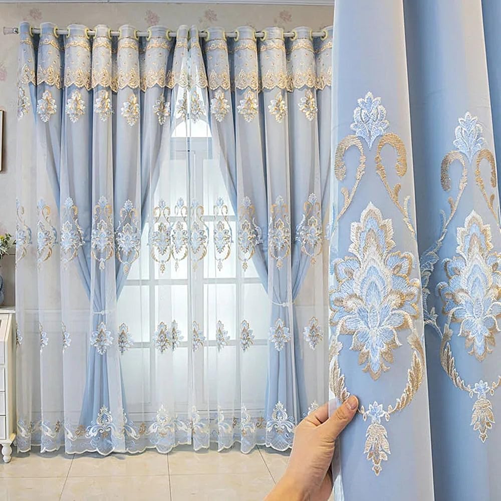 Amidoudou 1 Pair European Double Layer Curtains with Valances for Living Room Luxury Jacquard Curtains for Bedroom (Pink,63x96 Inch)