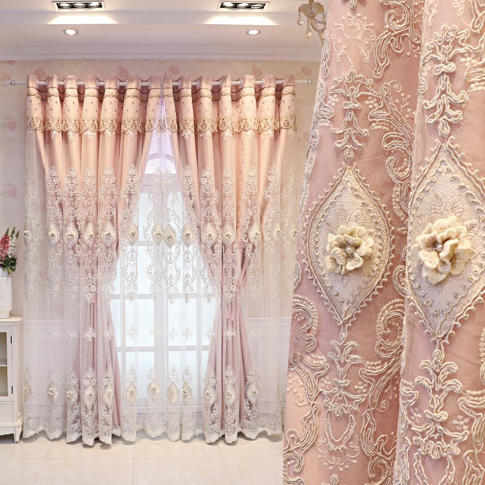 European Luxury 3D Relief Embroidery Curtains - Double-Layer Blackout Drapes, Flower Embroidered Sheer Yarn, for Living Room & Bedroom (1 Pair, Pink, W51 L84 inch)