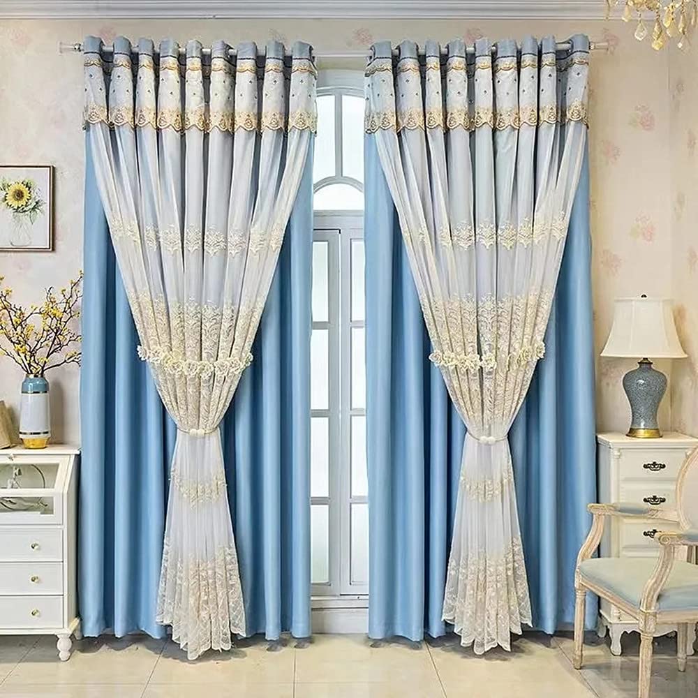 Amidoudou 1 Pair European Double Layer Curtains with Valances for Living Room Bedroom Luxury 3D Flower Embroidered Curtains (Beige,52x90 Inch)
