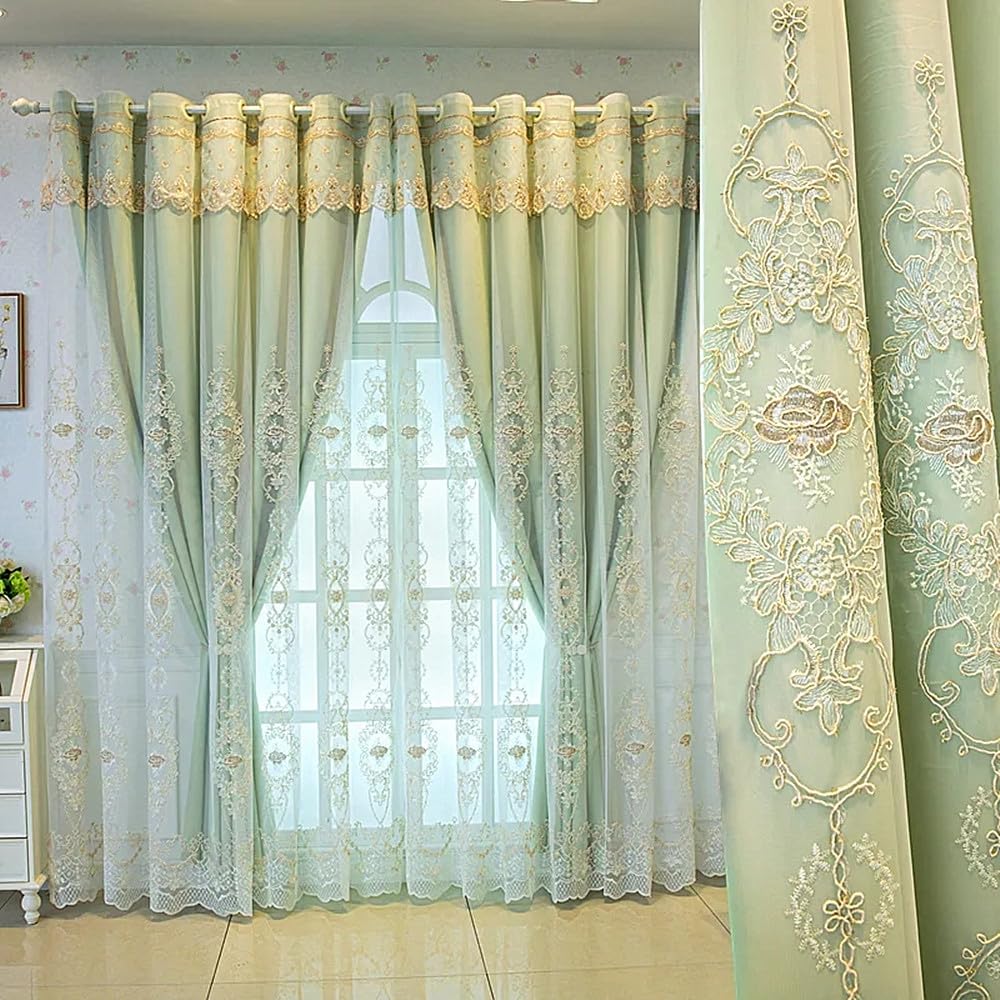 Amidoudou 1 Pair European Double Layer Curtains with Valances for Living Room Bedroom 3D Flower Embroidered Curtains (Grey,54x96 Inch)
