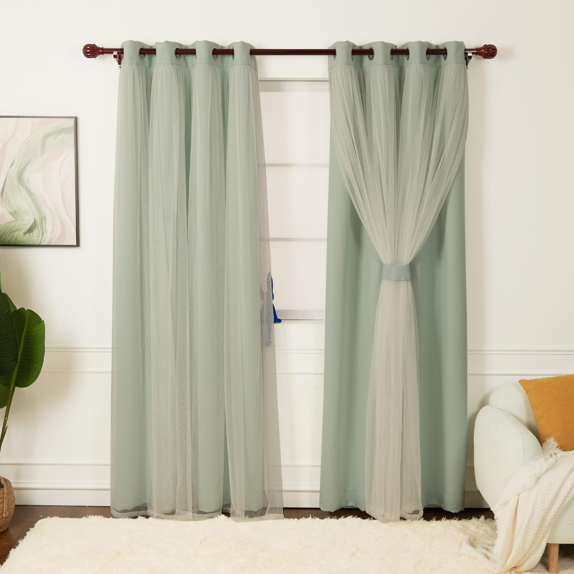 INLINAS Beige Blackout Curtains with Sheer Overlay - Grommet Top Thermal and Noise Reduction Panels for Bedroom and Living Room Light Blocking and Energy Saving, 52 x 84 Inches, Set of 2