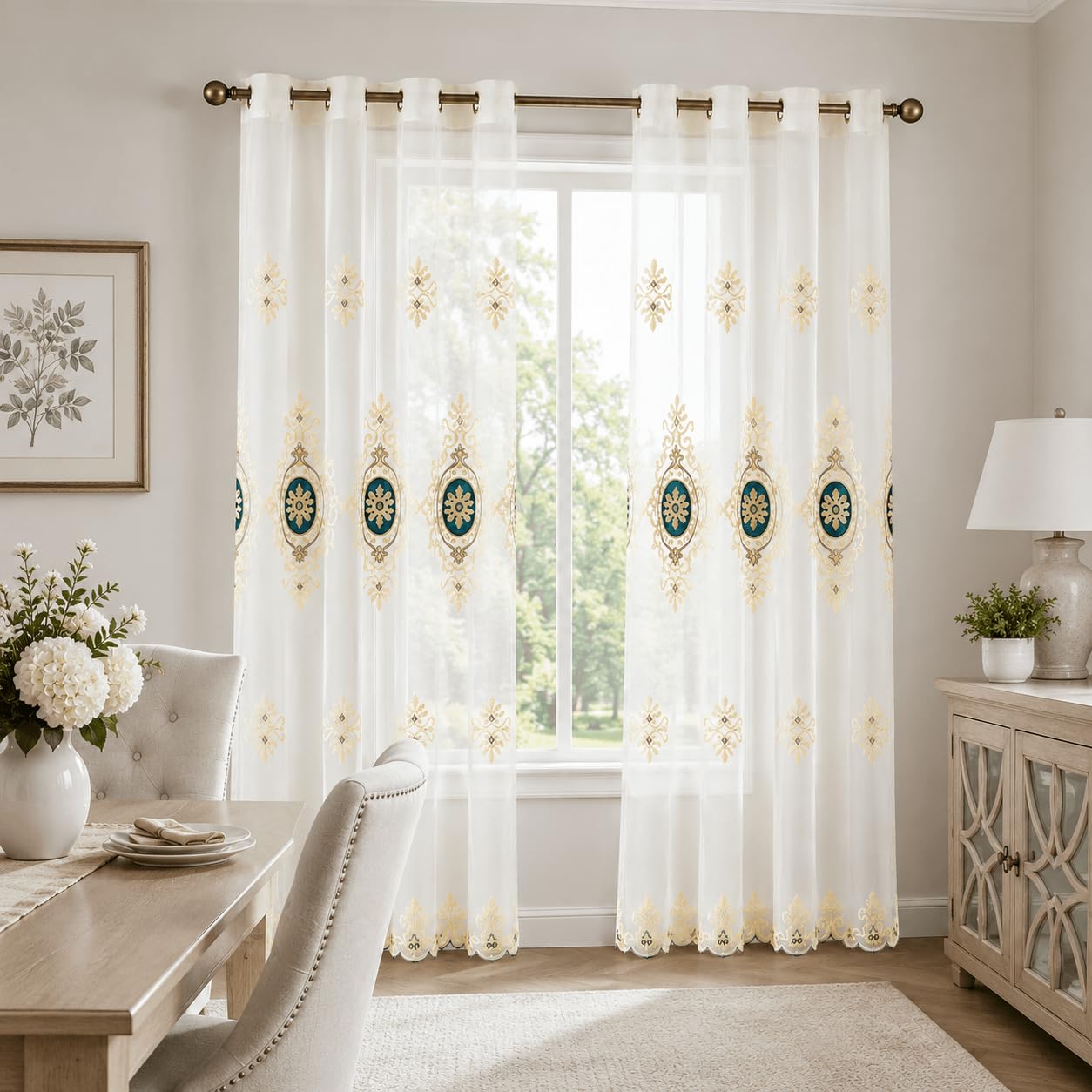 VOGOL Embroidered Curtains 84 inches Long Grommet Window Treatment Voile Panel Drape for Living Room Kitchen, Two Panels, W54 x L84 inch
