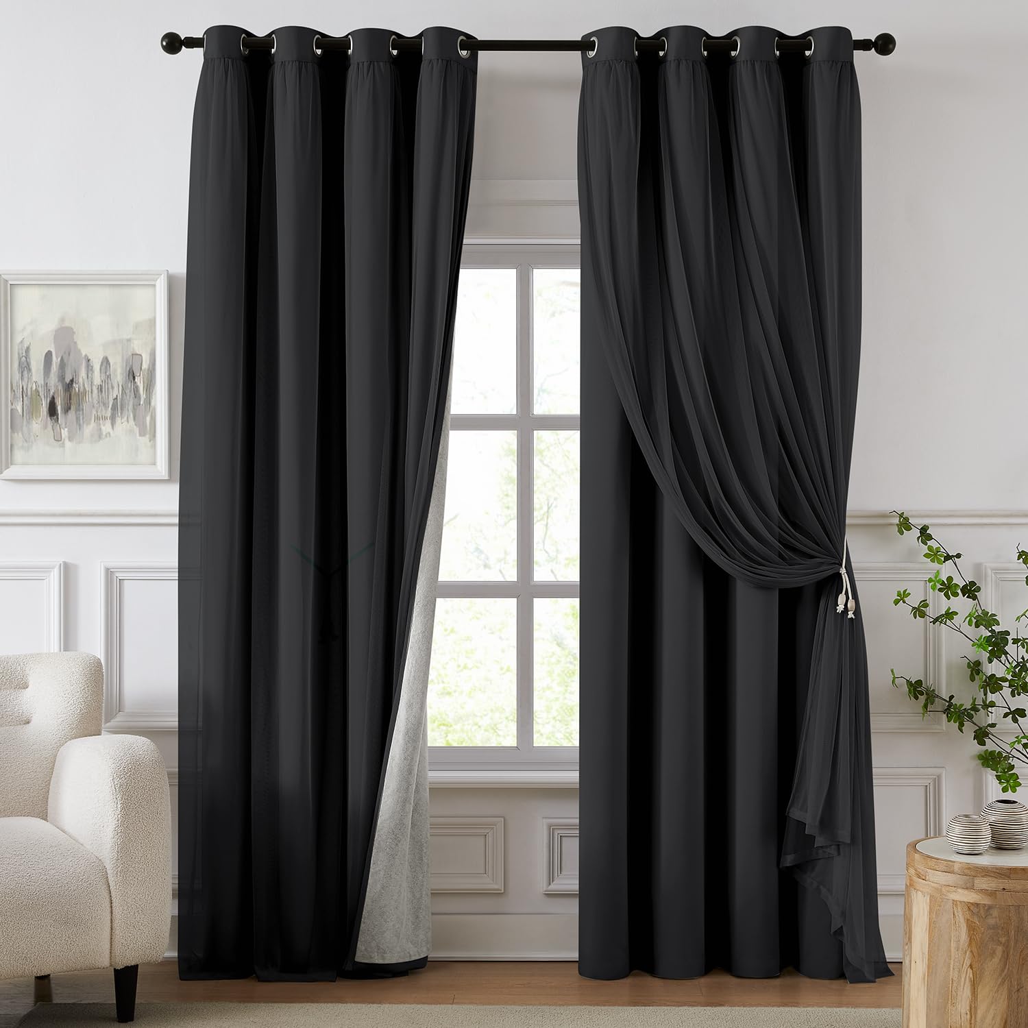 84 Inch Pink Double Layer Blackout Curtains with Sheer Overlay Grommet Window Drapes