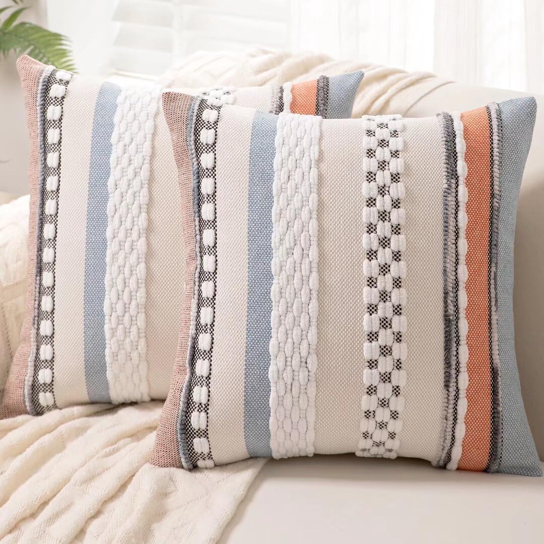 Boho Throw Pillow Covers 18x18 Set of 2 Farmhouse Decorative Cushion Case Striped Square Pillows Cover Chenille Pillow Cases Accent Neutral Pillowcase for Sofa Couch Bed,Yellow