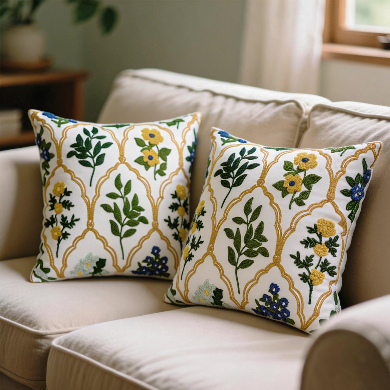 18 Inch Blue Floral Embroidered Cotton Pillow Covers Farmhouse Decor Set of 2