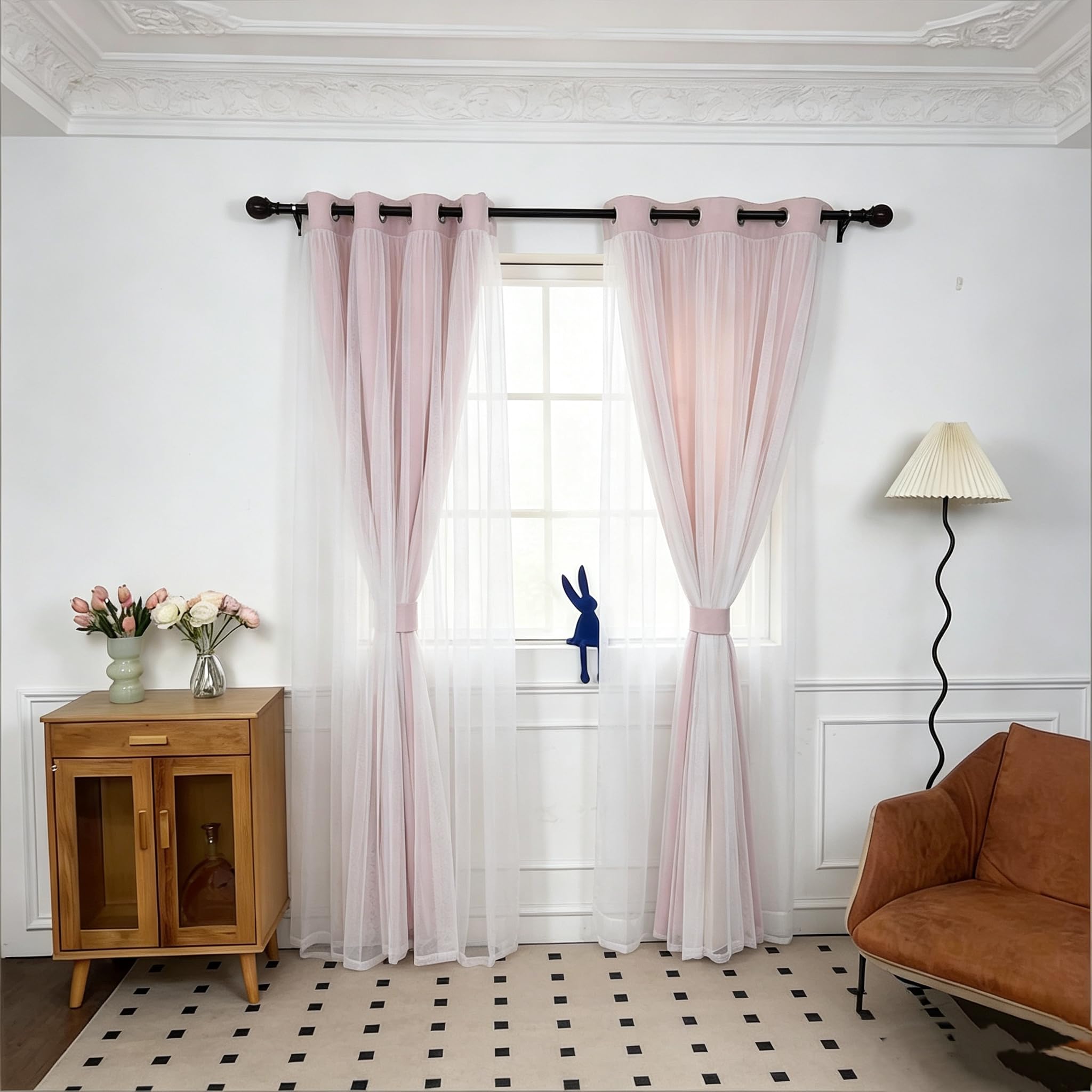 INLINAS Beige Blackout Curtains with Sheer Overlay - Grommet Top Thermal and Noise Reduction Panels for Bedroom and Living Room Light Blocking and Energy Saving, 52 x 84 Inches, Set of 2