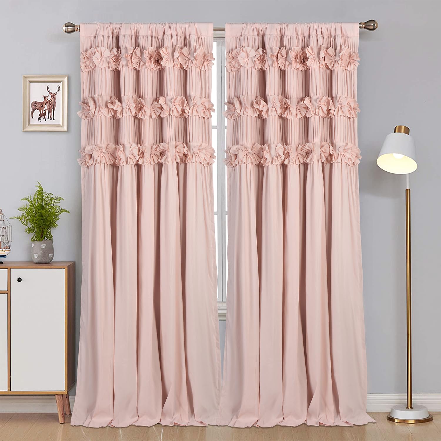 Homechoice Decor Camel Blackout Curtains with Handmade Ruffles, Butterfly Flower Embellishments for Thermal Insulated Room Darkening Drapes, 42" W x 63" L (Pair) for Bedroom, Living Room (LQ-37)