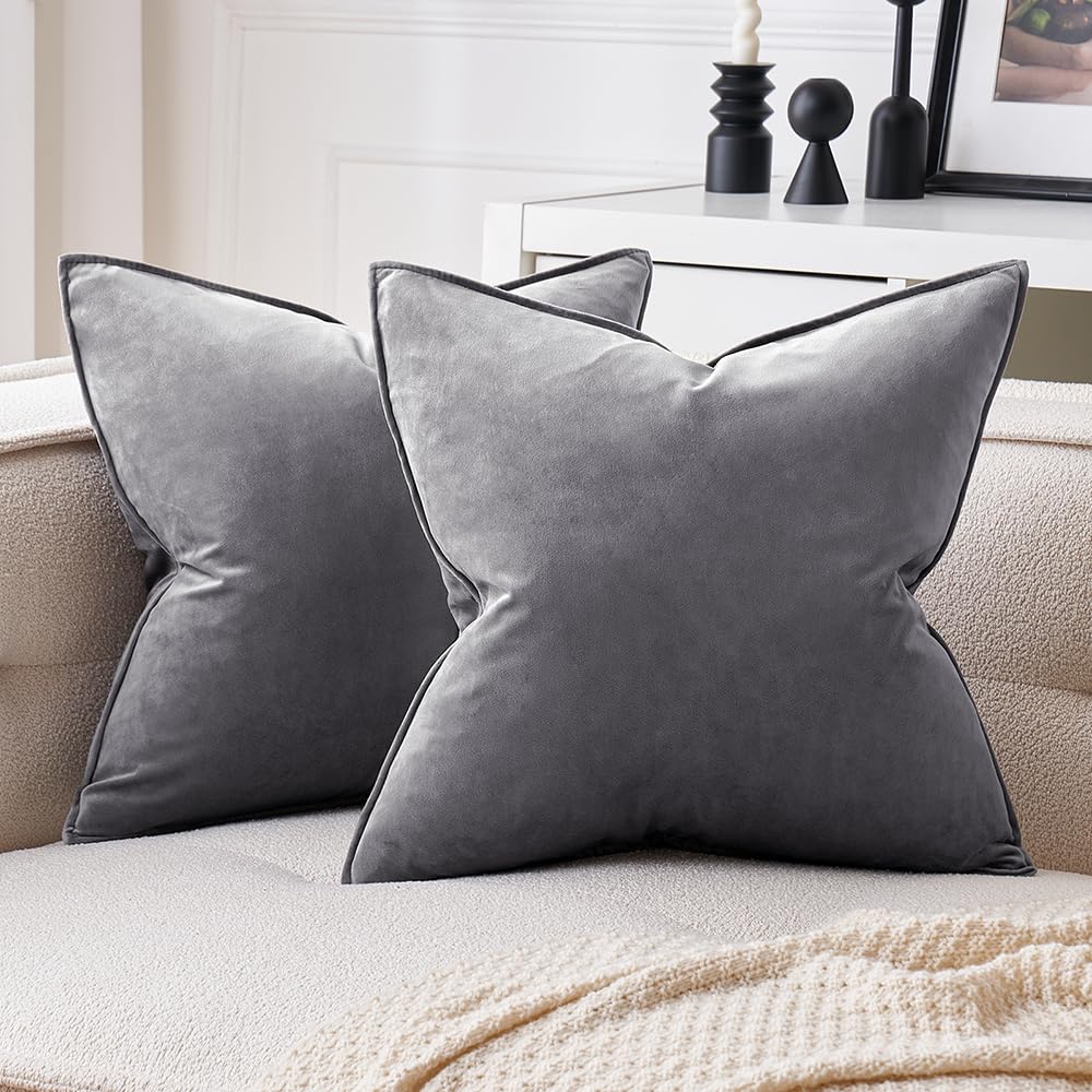 MIULEE Dark Coffee Velvet Throw Pillow Covers 22x22 Taupe Neutral Soft Decorative Solid Square Cushion Cases Pack of 2 Modern Luxury Home Decor for Couch, Sofa, Bedroom