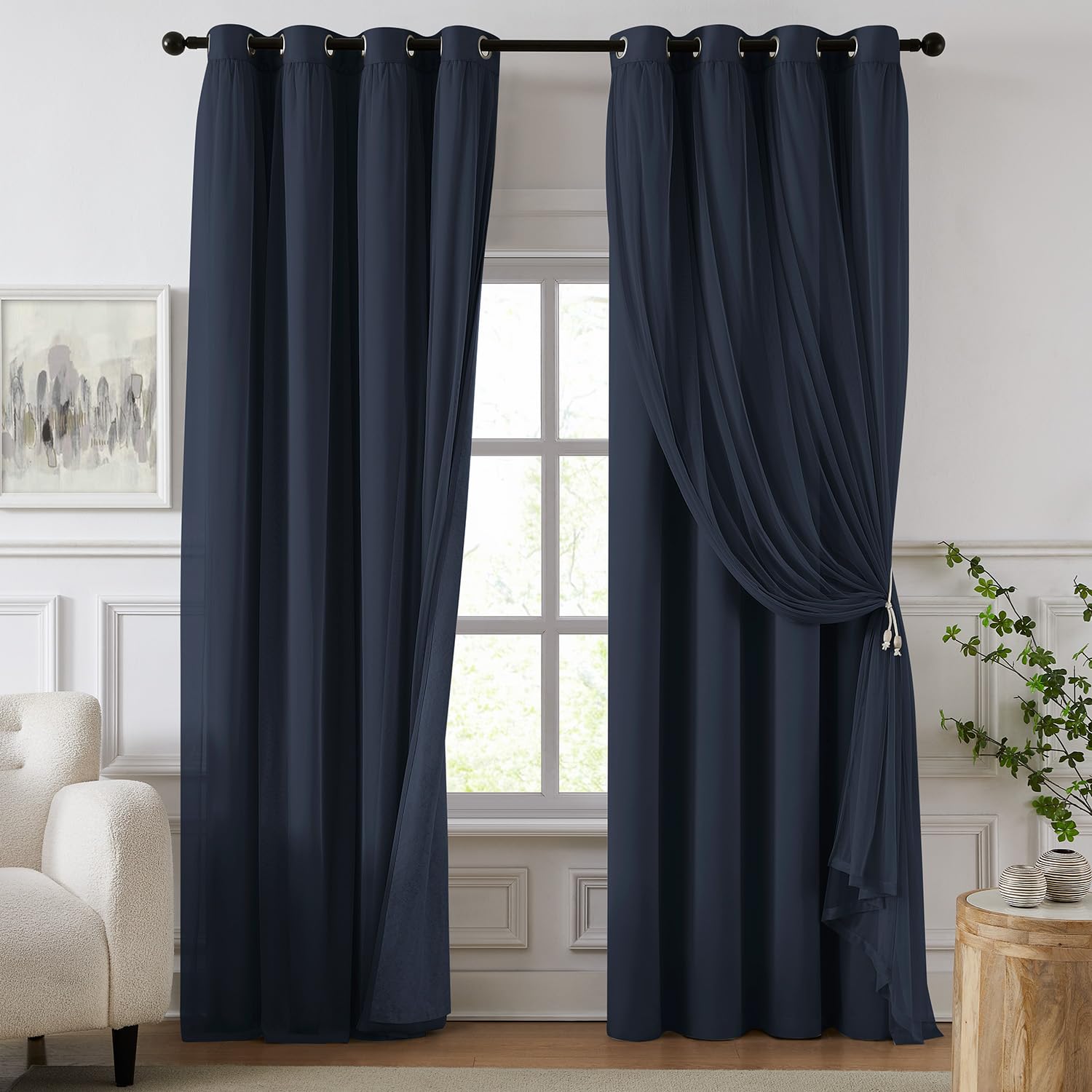 84 Inch Pink Double Layer Blackout Curtains with Sheer Overlay Grommet Window Drapes
