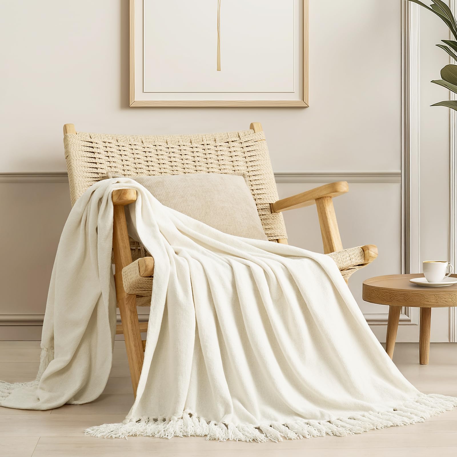 EverGrace Soft Chenille Bed Blanket Queen Size for Bed, Cozy Plush Fuzzy Lightweight Decorative Chenille Knit Throw Blanket with Tassels for Couch Sofa Gift Home Decor, Taupe 90"x90"