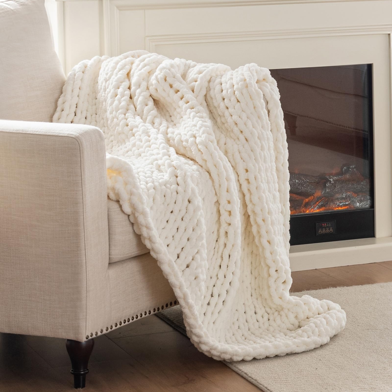 Chunky Knit Blanket Throw, 100% Hand Knit Throw Blanket Handmade Chenille Cable Knit Throw for Couch, Stylish Cozy Soft Rope Knot Crochet Blanket for Home Decor, Beige Linen, 50x60 Inches