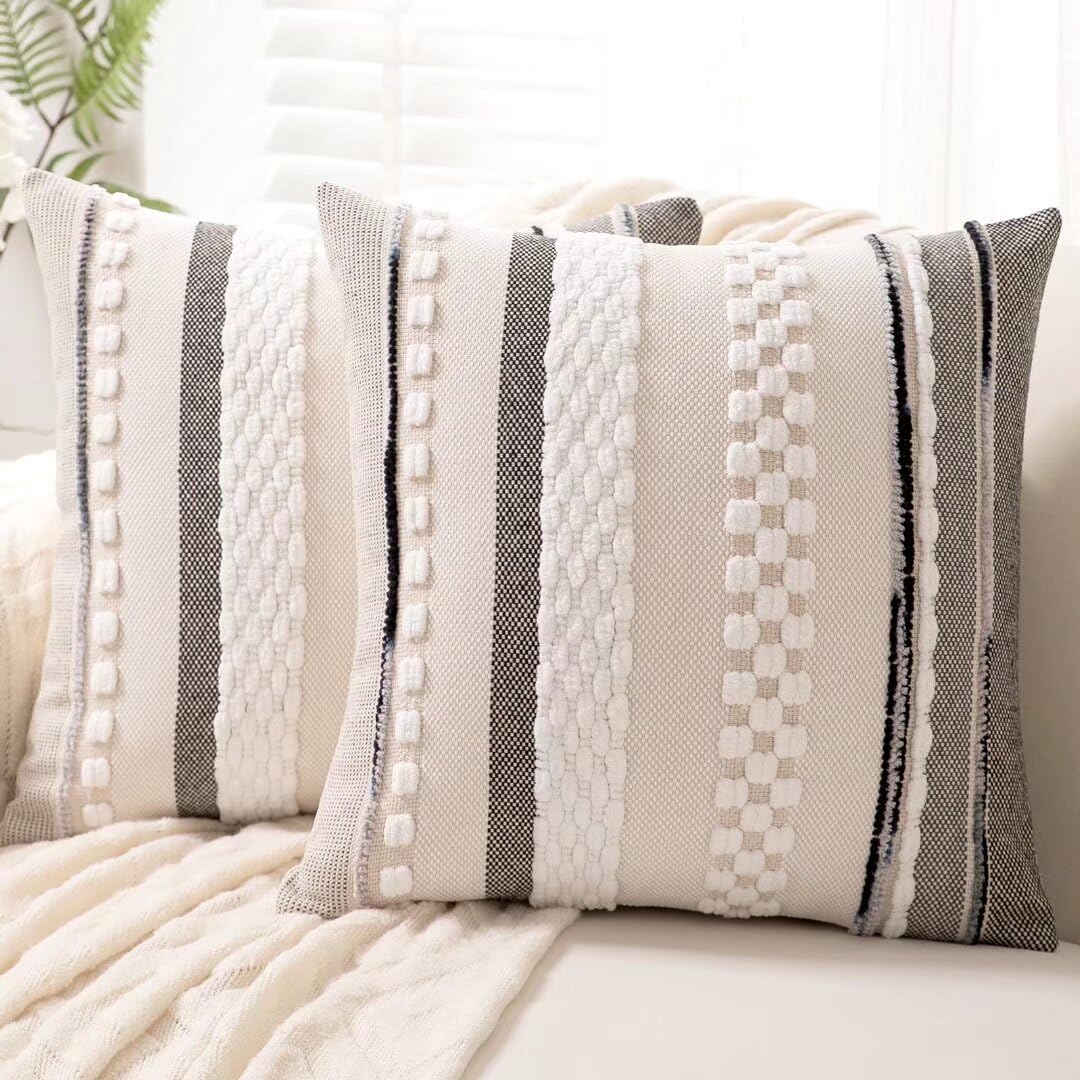 Boho Throw Pillow Covers 18x18 Set of 2 Farmhouse Decorative Cushion Case Striped Square Pillows Cover Chenille Pillow Cases Accent Neutral Pillowcase for Sofa Couch Bed,Yellow