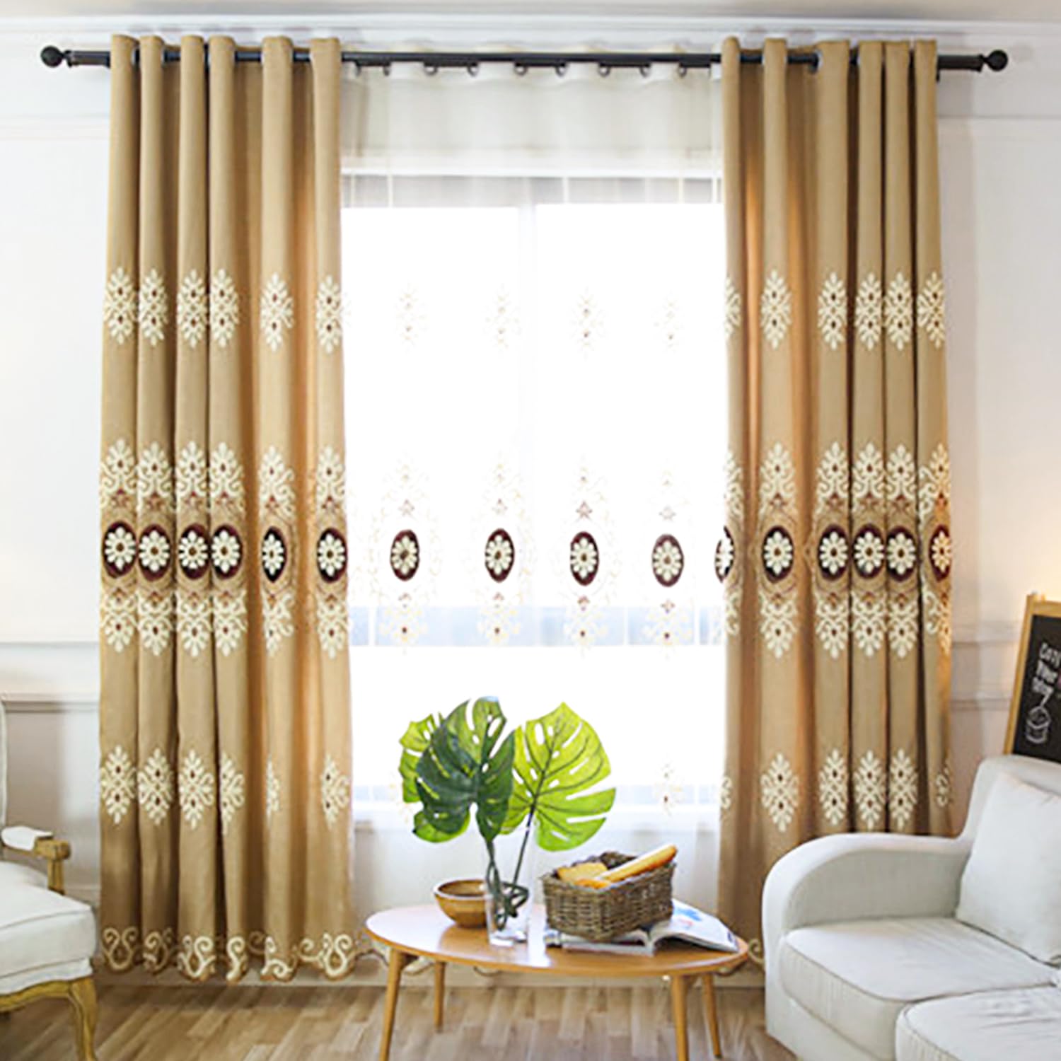 VOGOL Embroidered Curtains 84 inches Long Grommet Window Treatment Voile Panel Drape for Living Room Kitchen, Two Panels, W54 x L84 inch