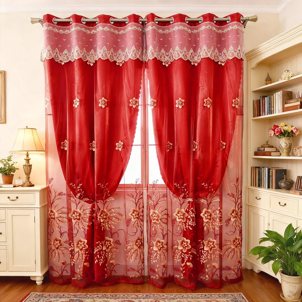 Amidoudou 1 Pair European Double Layer Curtains for Living Room Bedroom Luxury Flower Embroidered Curtains with Valance (Grey,54x96 Inch)