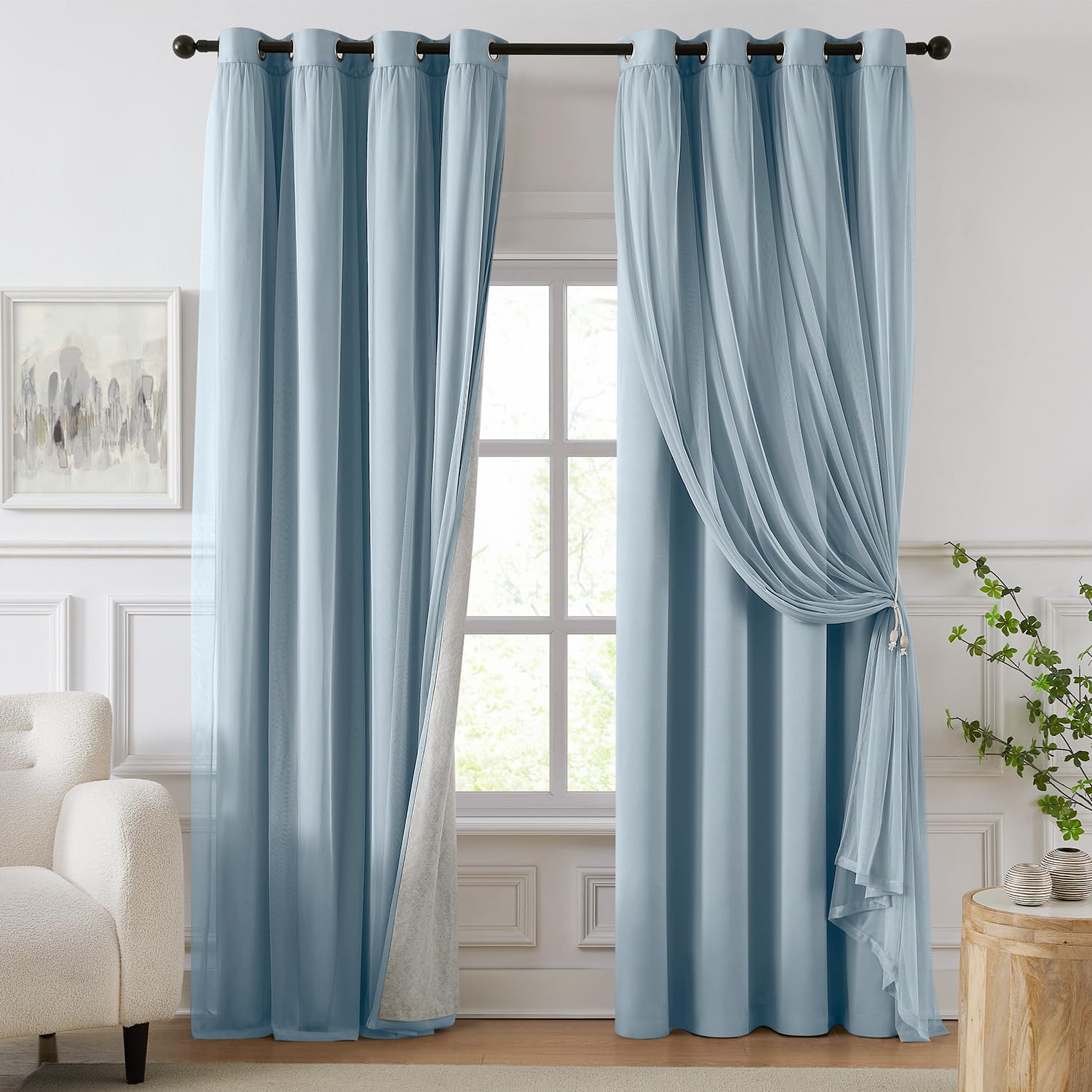 84 Inch Pink Double Layer Blackout Curtains with Sheer Overlay Grommet Window Drapes