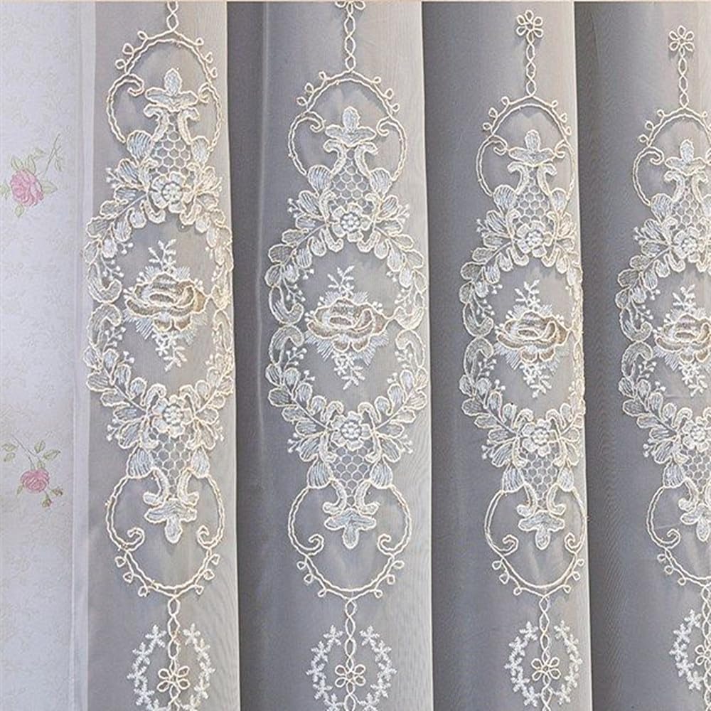 Amidoudou 1 Pair European Double Layer Curtains with Valances for Living Room Bedroom 3D Flower Embroidered Curtains (Grey,54x96 Inch)