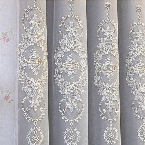 Amidoudou 1 Pair European Double Layer Curtains with Valances for Living Room Bedroom 3D Flower Embroidered Curtains (Grey,54x96 Inch)