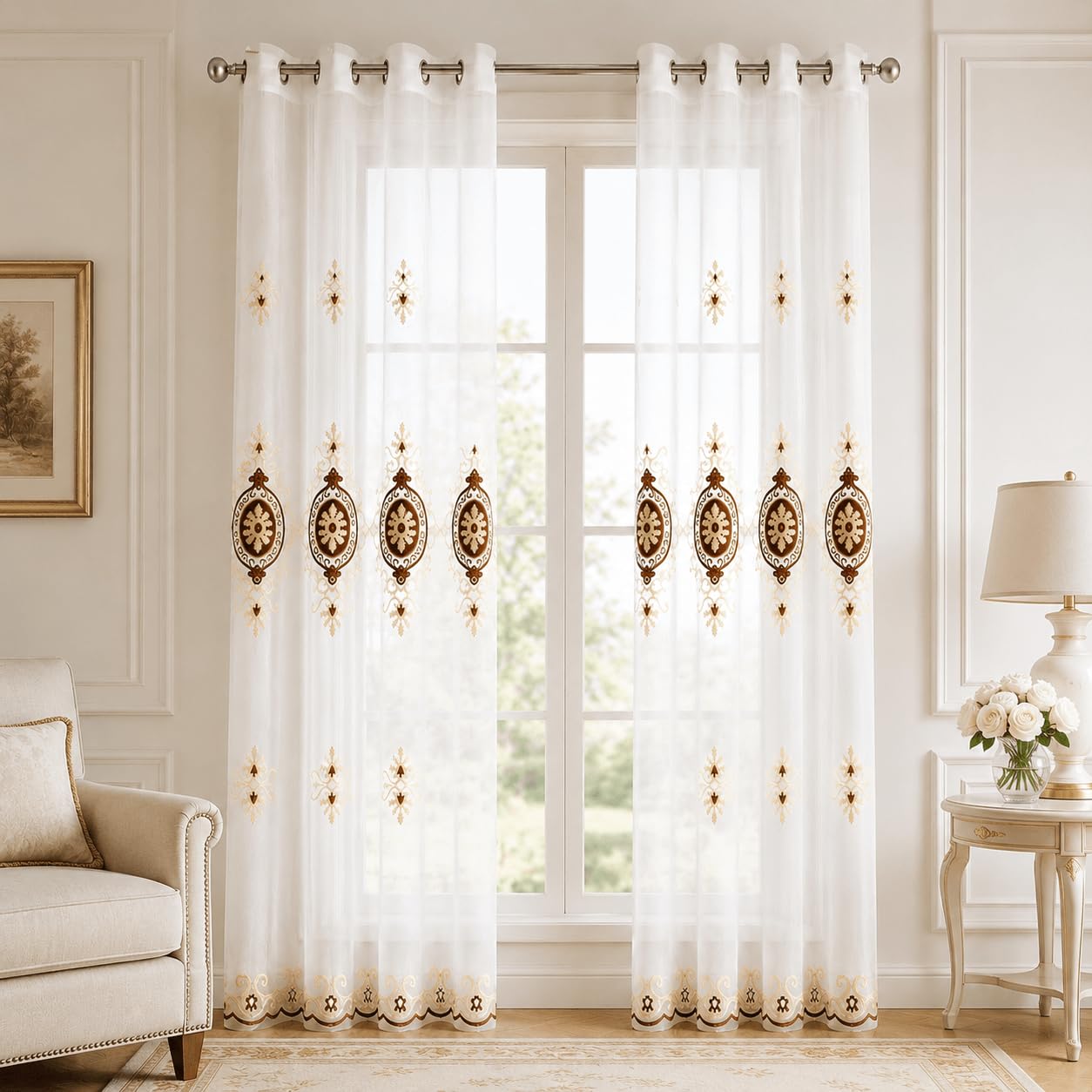 VOGOL Embroidered Curtains 84 inches Long Grommet Window Treatment Voile Panel Drape for Living Room Kitchen, Two Panels, W54 x L84 inch