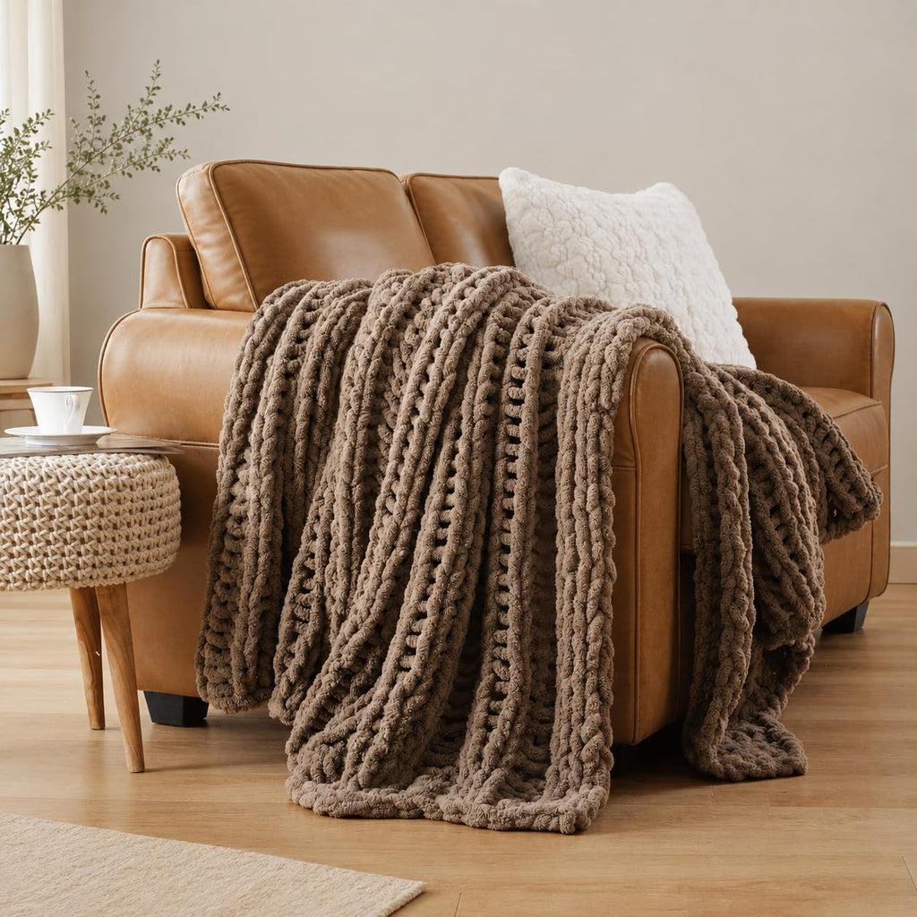 Battilo Chunky Knit Throw Blanket for Couch, Hand Made Chenille Throw Blanket, Super Soft Warm Cozy Taupe Blanket for Bed, Sofa, Living Room, 50"x60"