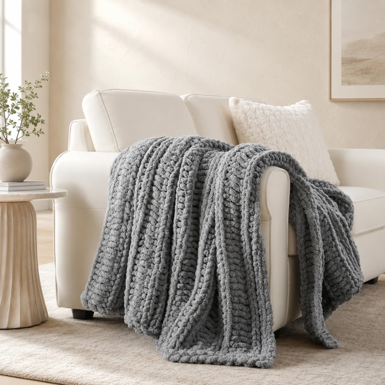 Battilo Chunky Knit Throw Blanket for Couch, Hand Made Chenille Throw Blanket, Super Soft Warm Cozy Taupe Blanket for Bed, Sofa, Living Room, 50"x60"