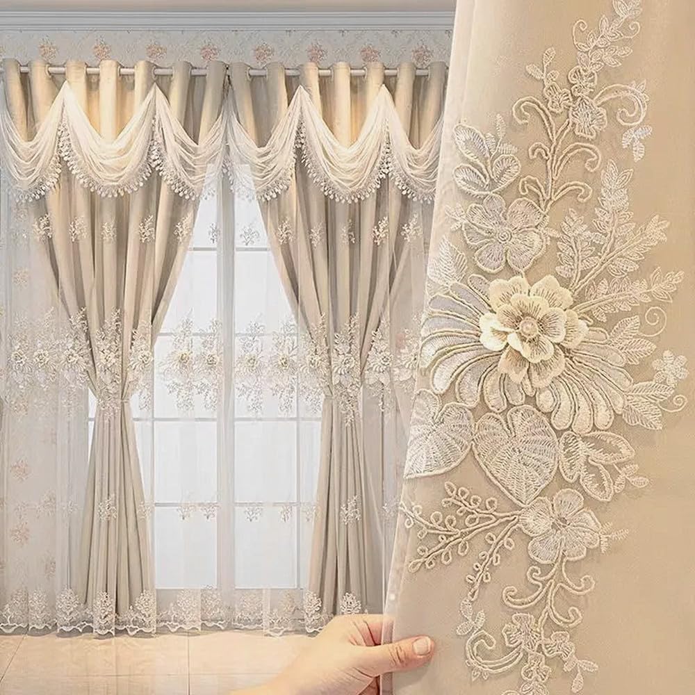 Amidoudou 1 Pair Luxury European Curtains with Wavy Valance for Living Room Bedroom Double Layer Embroidered Curtains (Beige,52x84 Inch)