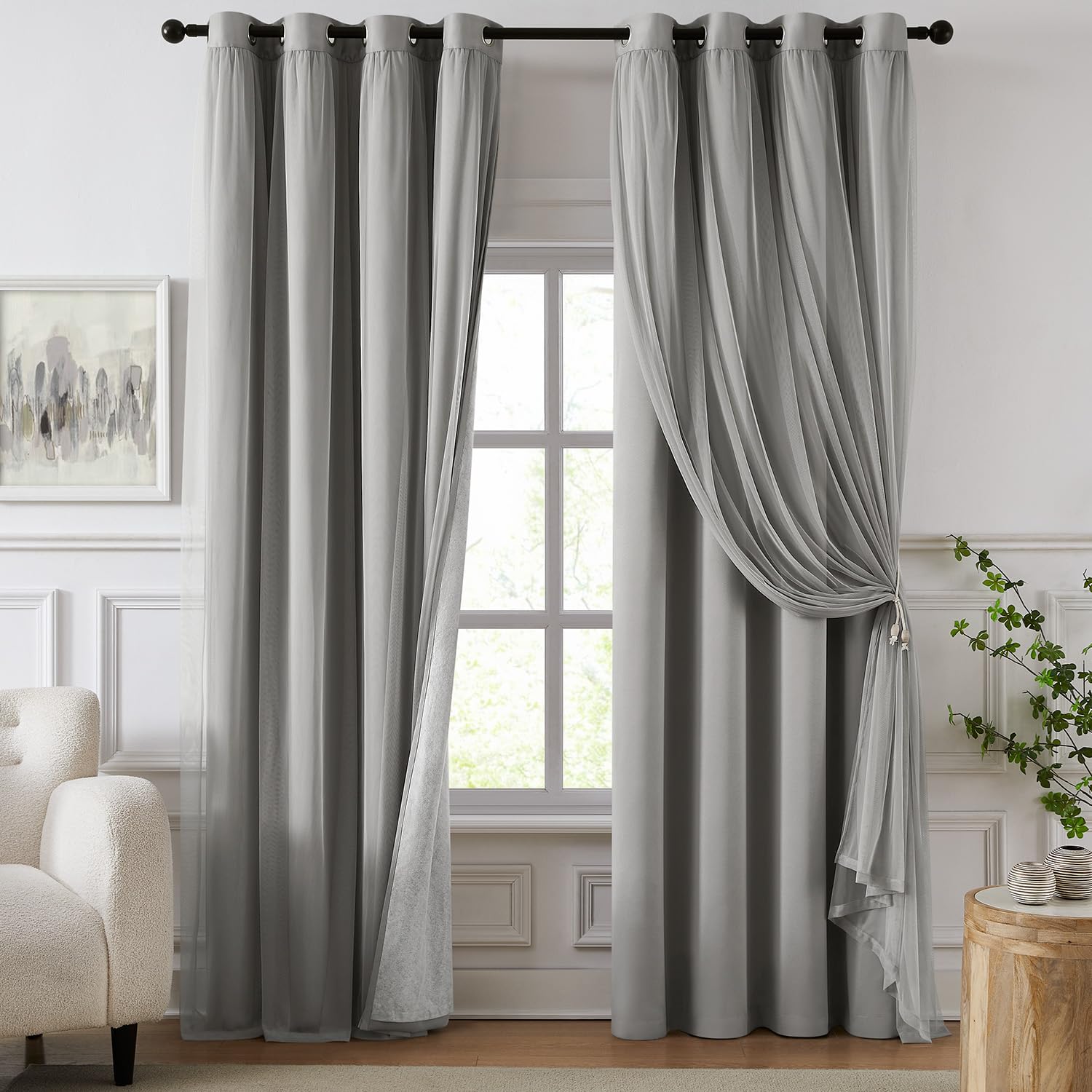 84 Inch Pink Double Layer Blackout Curtains with Sheer Overlay Grommet Window Drapes