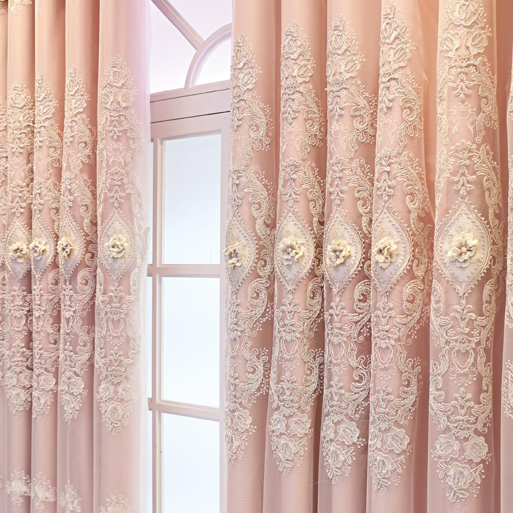 European Luxury 3D Relief Embroidery Curtains - Double-Layer Blackout Drapes, Flower Embroidered Sheer Yarn, for Living Room & Bedroom (1 Pair, Pink, W51 L84 inch)