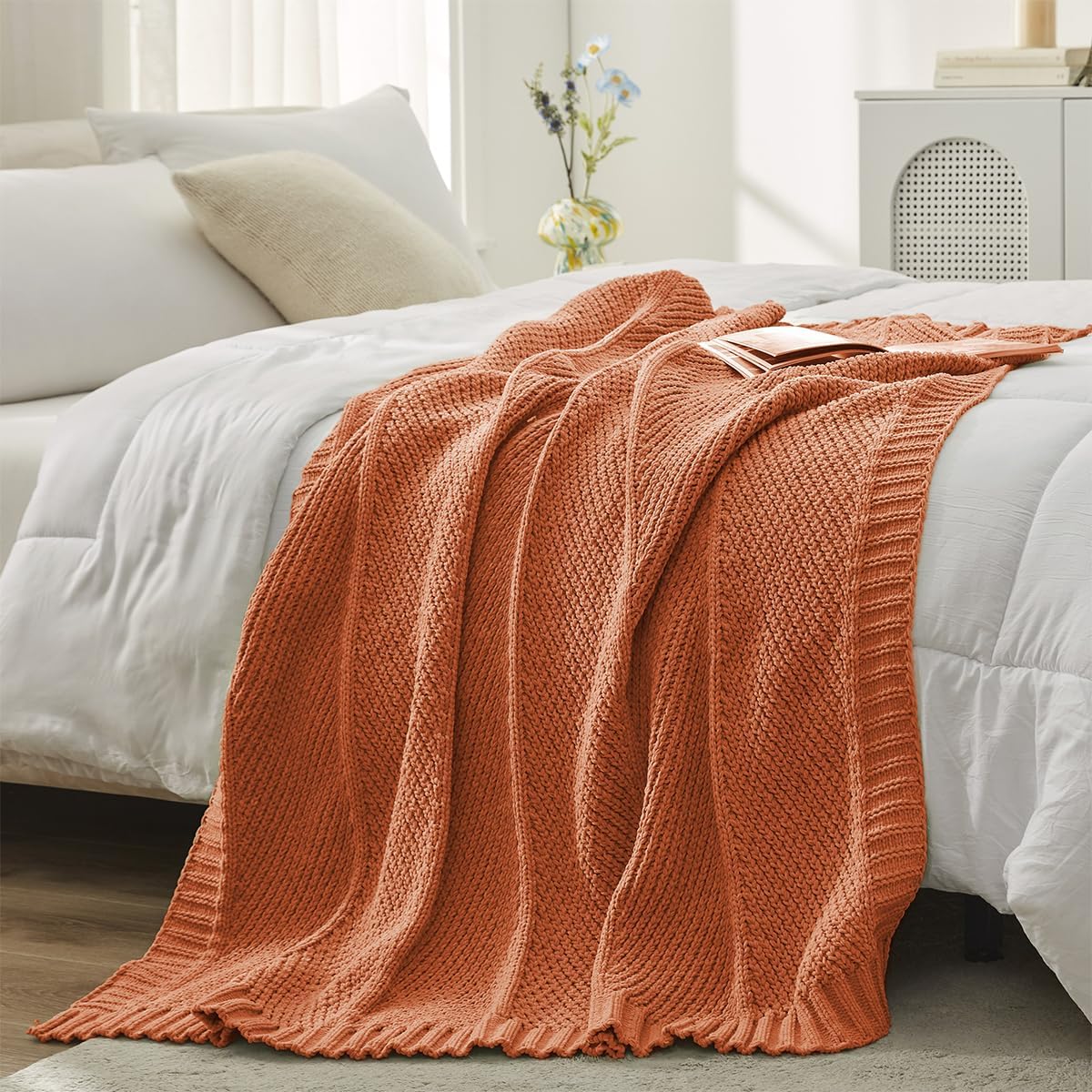 Sage Green Chunky Chenille Knit Throw Blanket 50x60 Inch Checkered Decor Blanket for Couch Bed