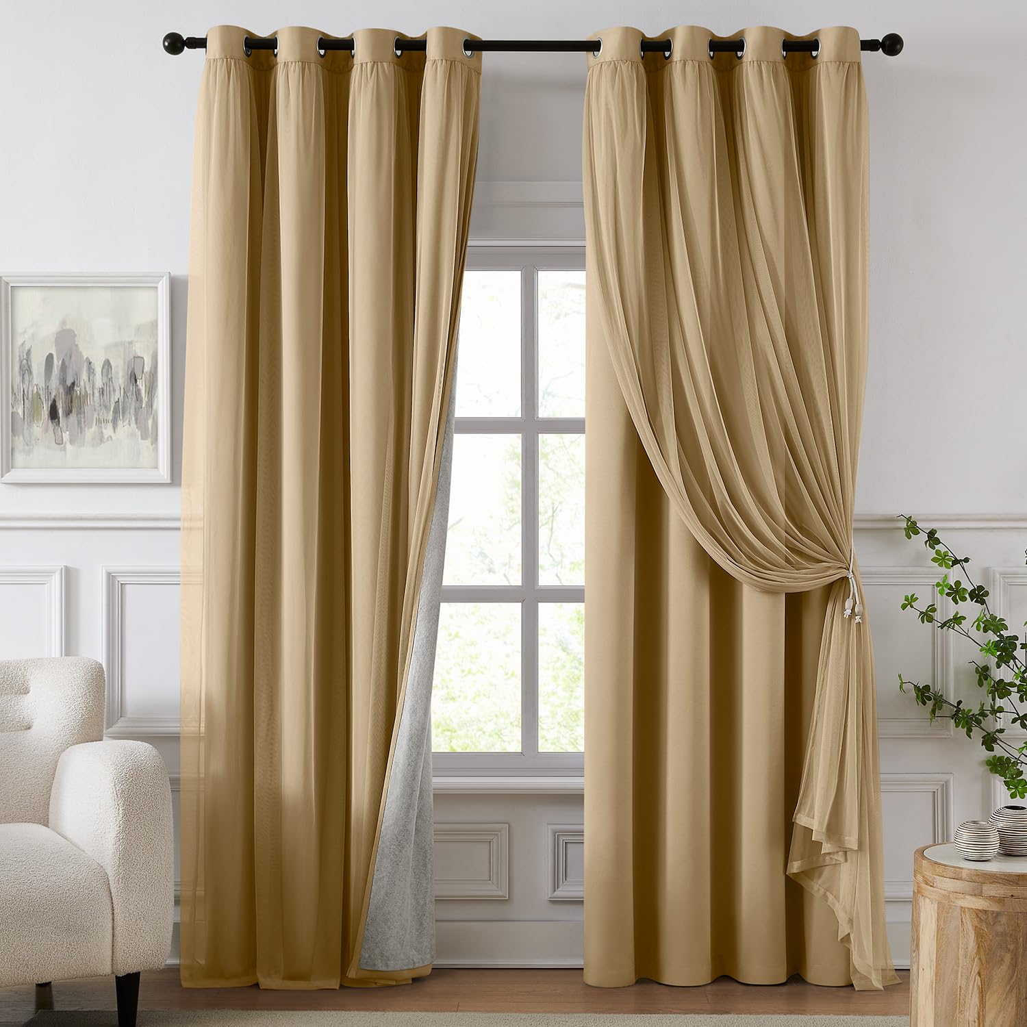 84 Inch Pink Double Layer Blackout Curtains with Sheer Overlay Grommet Window Drapes