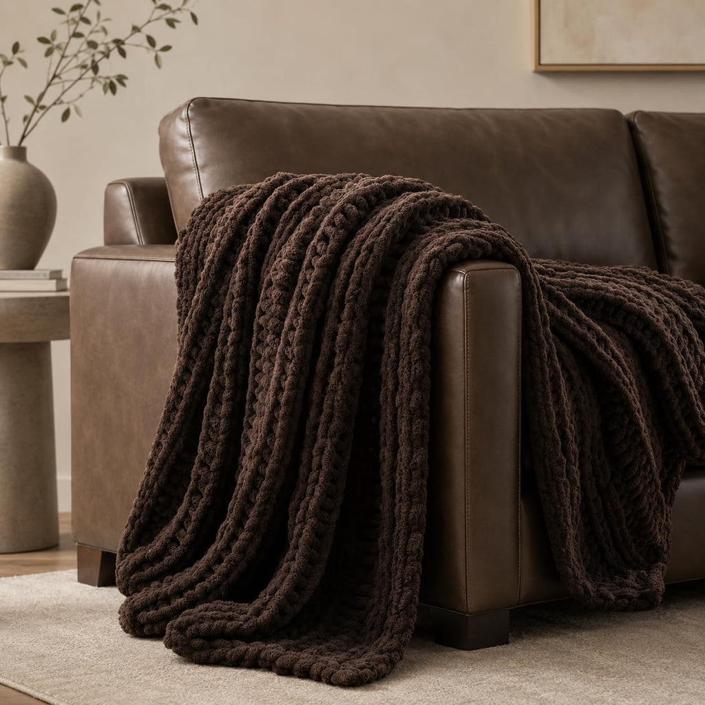 Battilo Chunky Knit Throw Blanket for Couch, Hand Made Chenille Throw Blanket, Super Soft Warm Cozy Taupe Blanket for Bed, Sofa, Living Room, 50"x60"