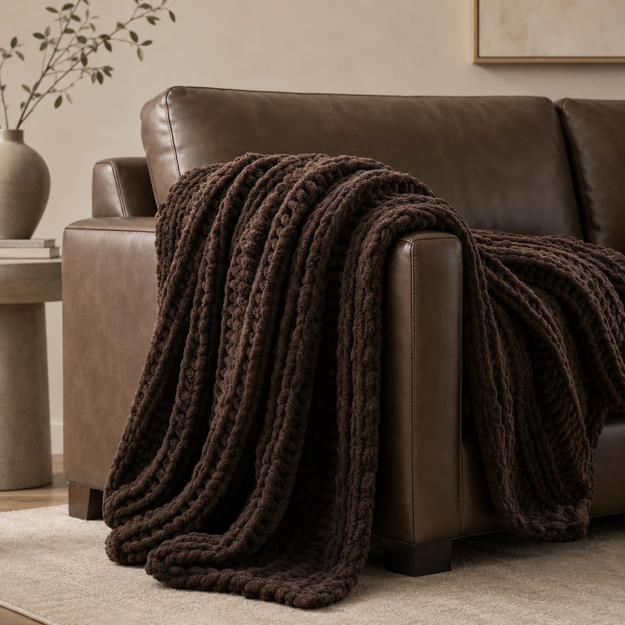 Battilo Chunky Knit Throw Blanket for Couch, Hand Made Chenille Throw Blanket, Super Soft Warm Cozy Taupe Blanket for Bed, Sofa, Living Room, 50"x60"