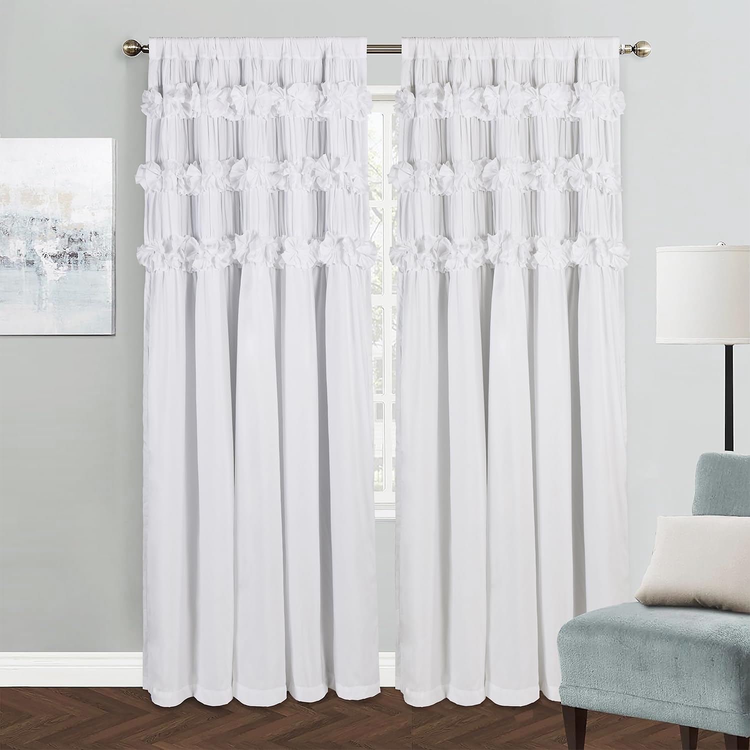 Homechoice Decor Camel Blackout Curtains with Handmade Ruffles, Butterfly Flower Embellishments for Thermal Insulated Room Darkening Drapes, 42" W x 63" L (Pair) for Bedroom, Living Room (LQ-37)