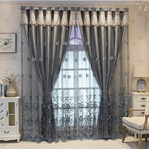Amidoudou 1 Pair European Double Layer Curtains for Living Room Bedroom Luxury Flower Embroidered Curtains with Valance (Grey,54x96 Inch)
