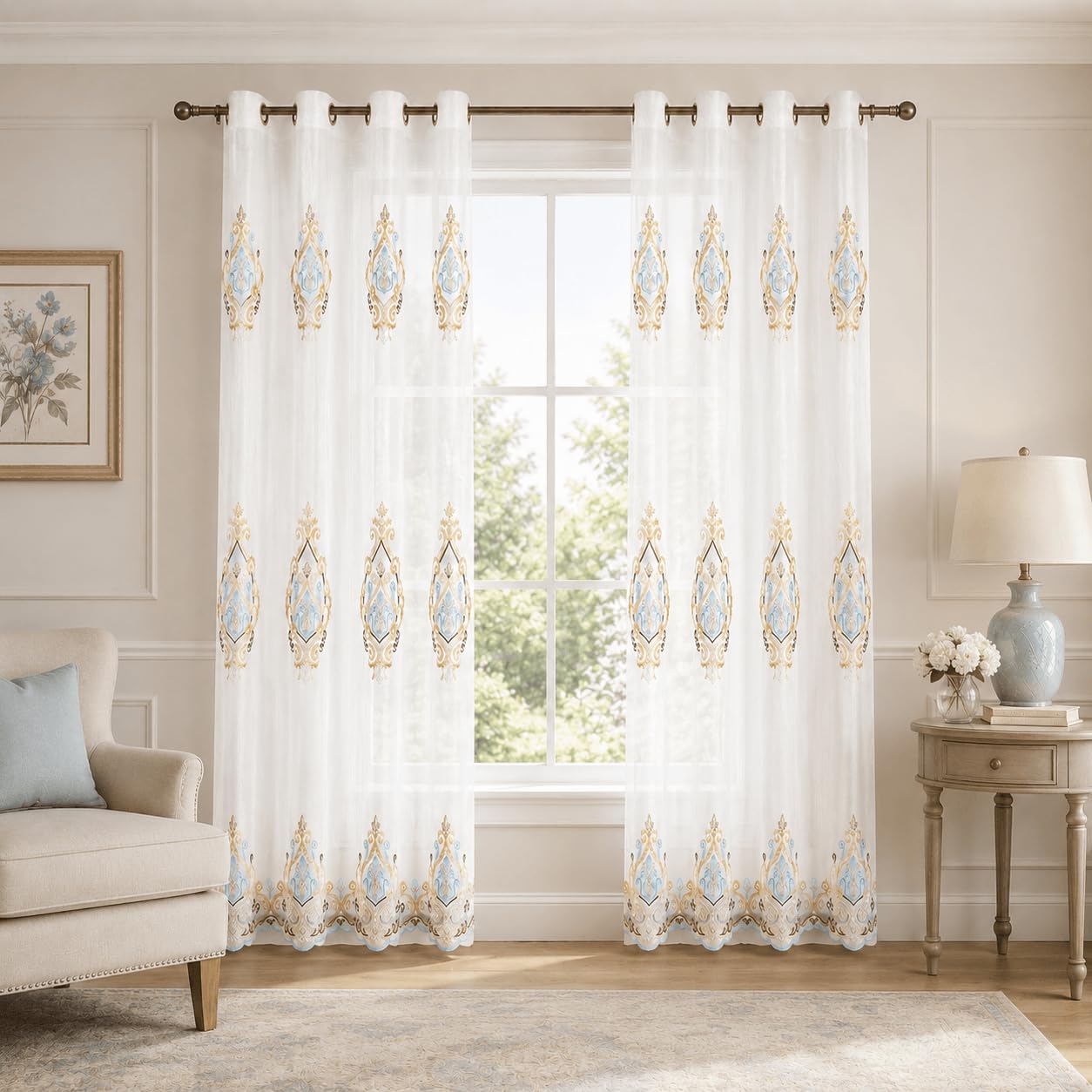 VOGOL Embroidered Curtains 84 inches Long Grommet Window Treatment Voile Panel Drape for Living Room Kitchen, Two Panels, W54 x L84 inch