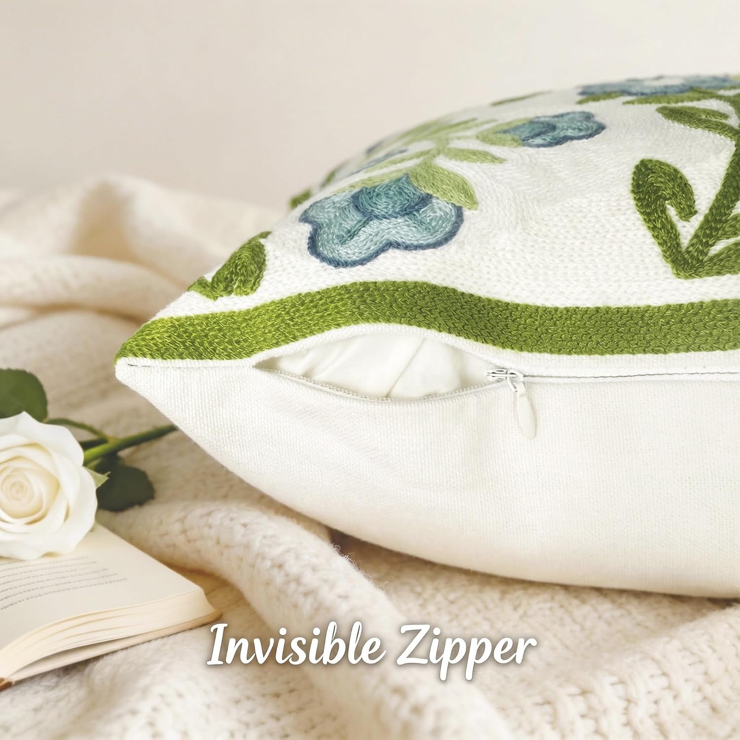 18 Inch Blue Floral Embroidered Cotton Pillow Covers Farmhouse Decor Set of 2
