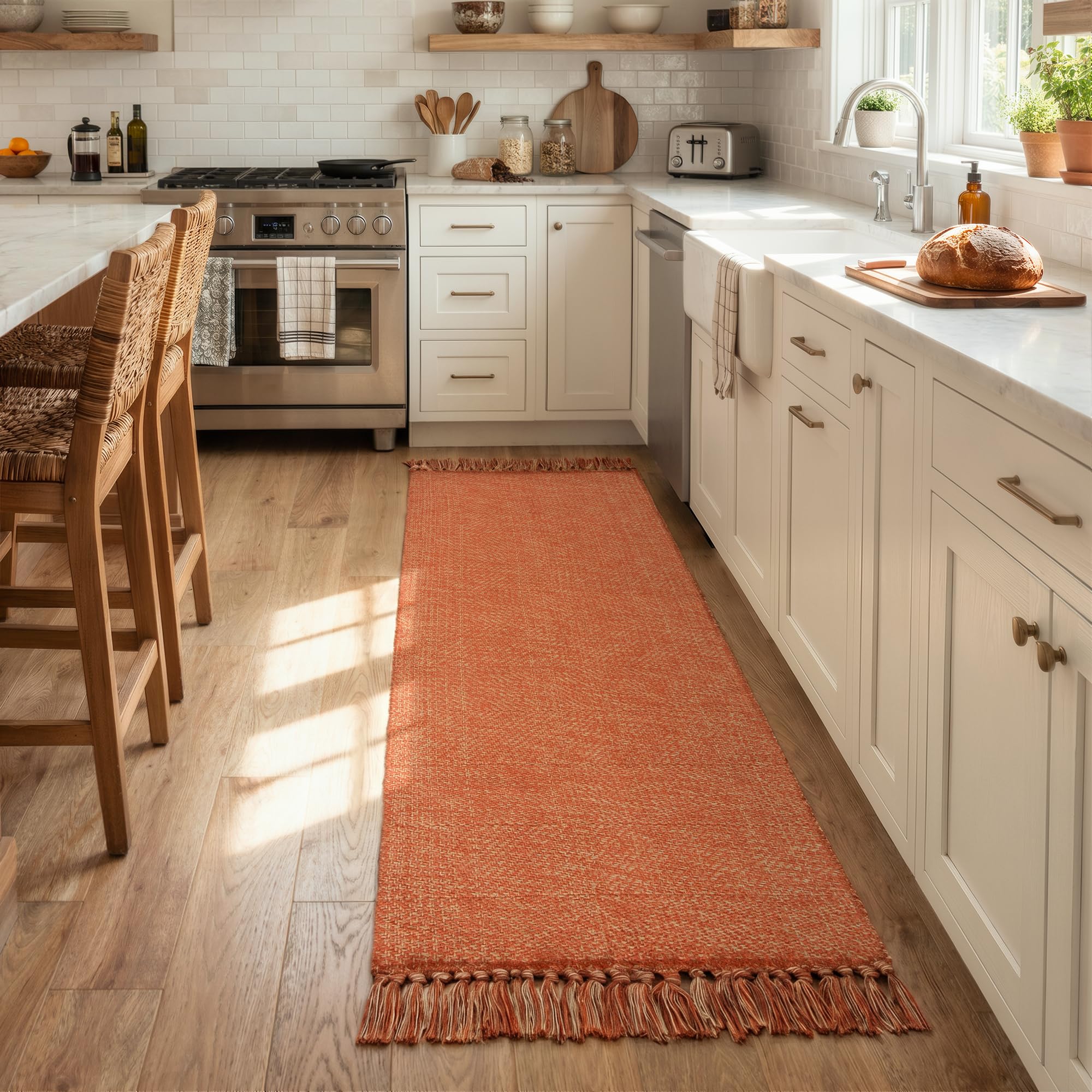 Collive Comfy Area Rug 4' x 6', Tan/Cream Woven Cotton Bedroom Rugs, Modern Indoor Accent Rug Floor Carpet with Tassel for Living Room, Nursery Room, Dining Room, Bedside, Office, Patio Decor