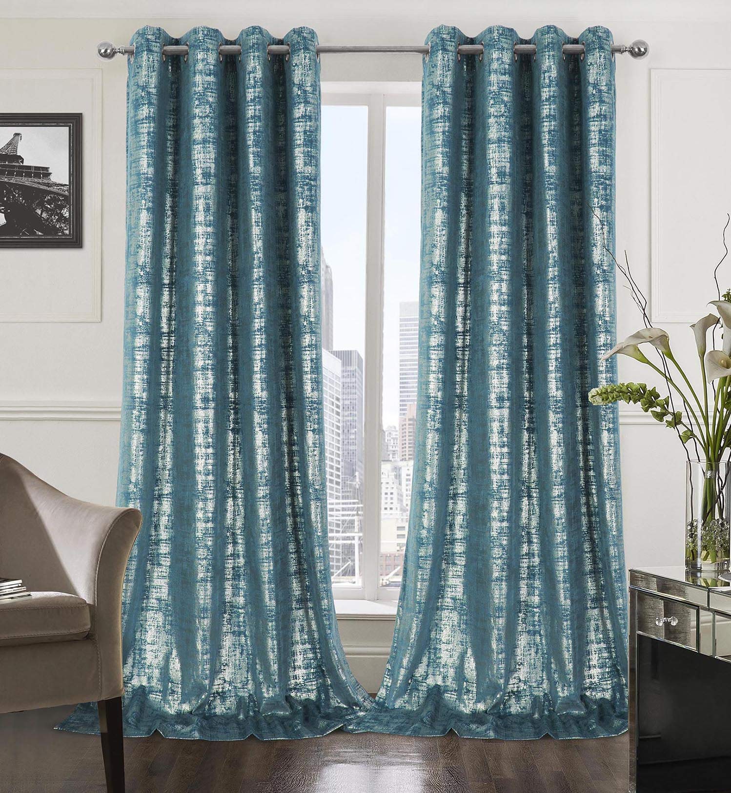 Mocha Velvet 108" Long Curtains with Gold Foil Print Set of 2 Luxury Window Treatments