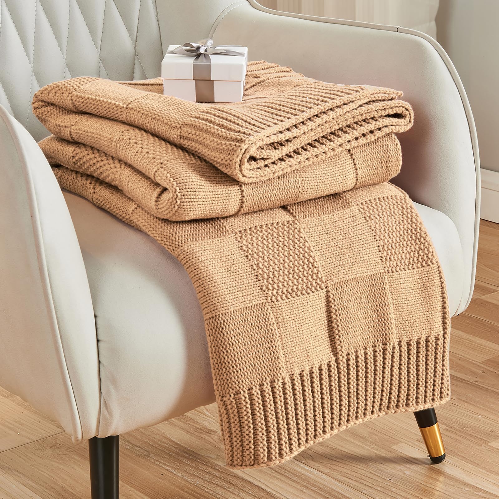CozeCube Check Knit Throw Blanket, Olive Green Checkered Throw for Couch, Decorative Christmas Soft Cozy Warm Knitted Blanket for Bed Sofa Living Room, 50"X60"