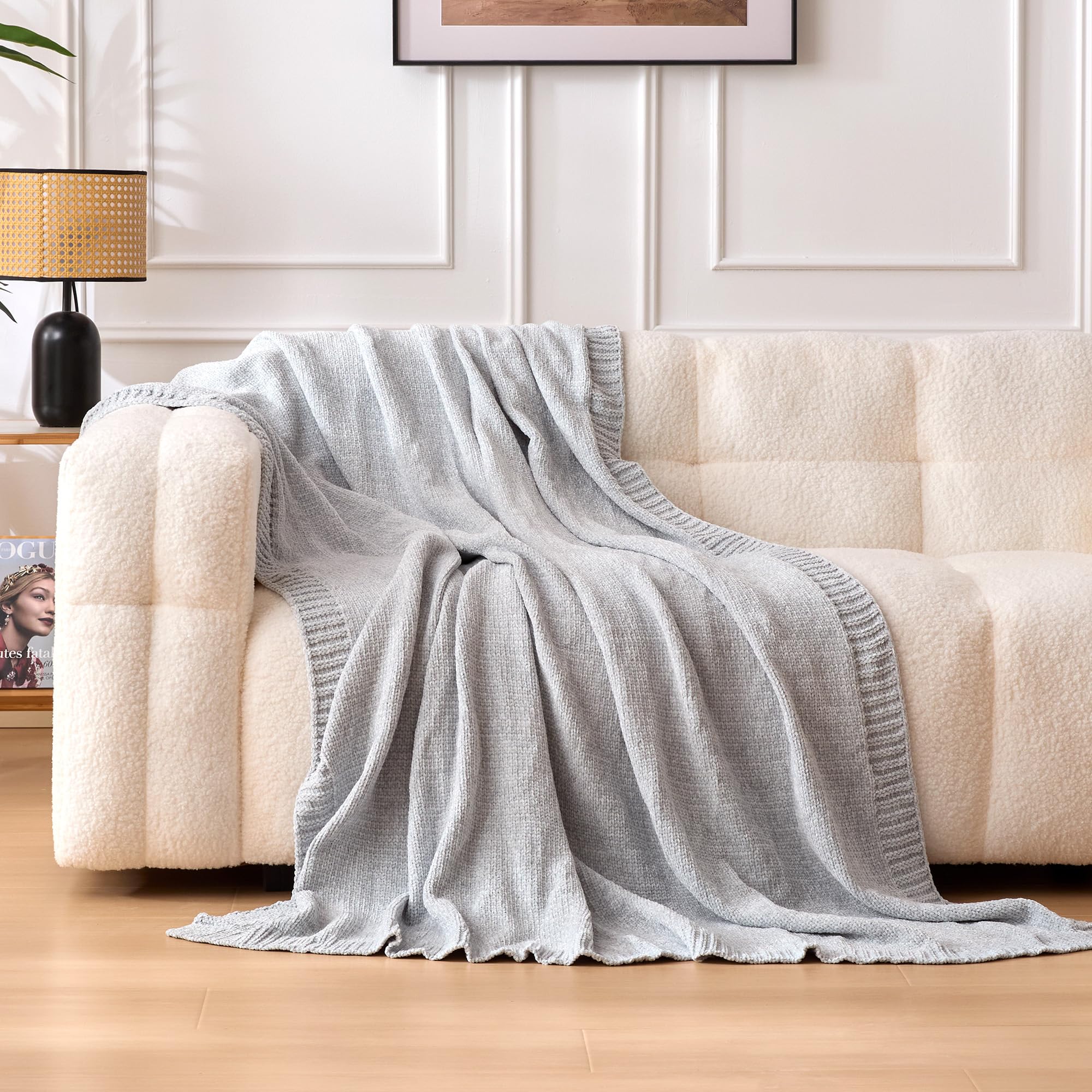 Grey Chunky Chenille Knit Throw Blanket 60x80 Inch Soft Cozy Sofa Bed Cover