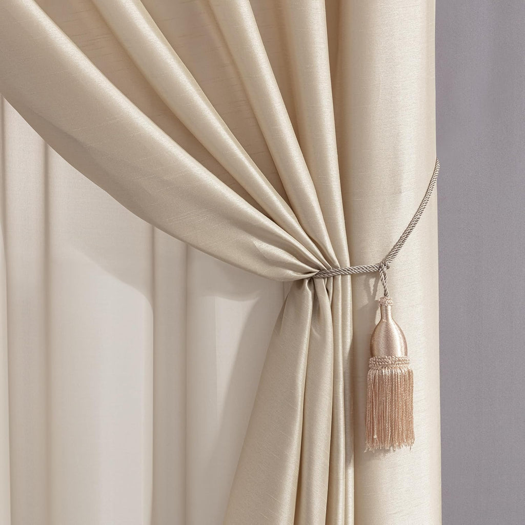 Chezmoi Collection Royale 4-Piece Jacquard Floral Window Curtain/Drape Set with Sheer Backing Valance Tassels, Champagne