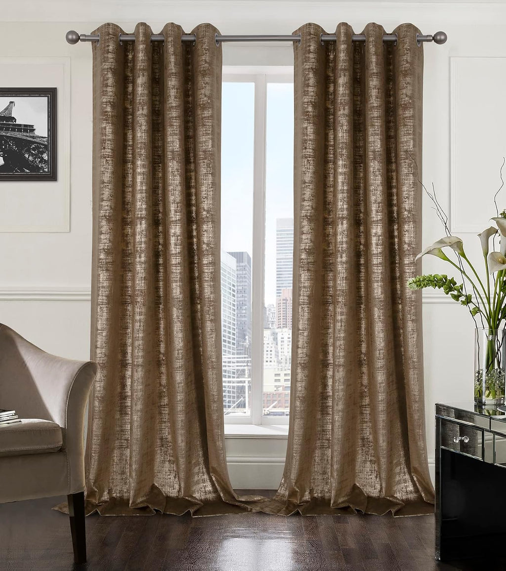 Mocha Velvet 108" Long Curtains with Gold Foil Print Set of 2 Luxury Window Treatments