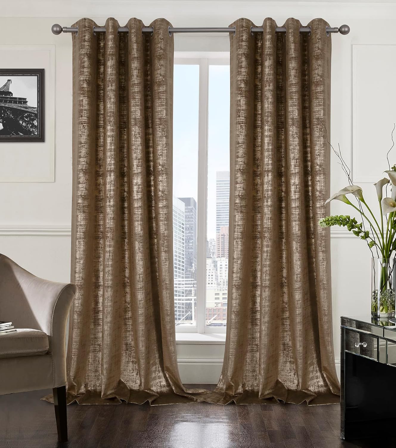 Mocha Velvet 108" Long Curtains with Gold Foil Print Set of 2 Luxury Window Treatments